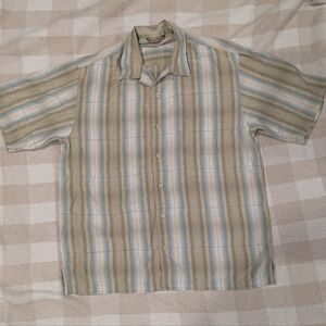 Tommy Bahama Beige and Blue Striped Casual Shirt Silk Summer Breathable Large